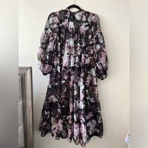 Beulah Style Sheer Floral Purple Tiered Ruffled Trim Long Dress (Sz Large)